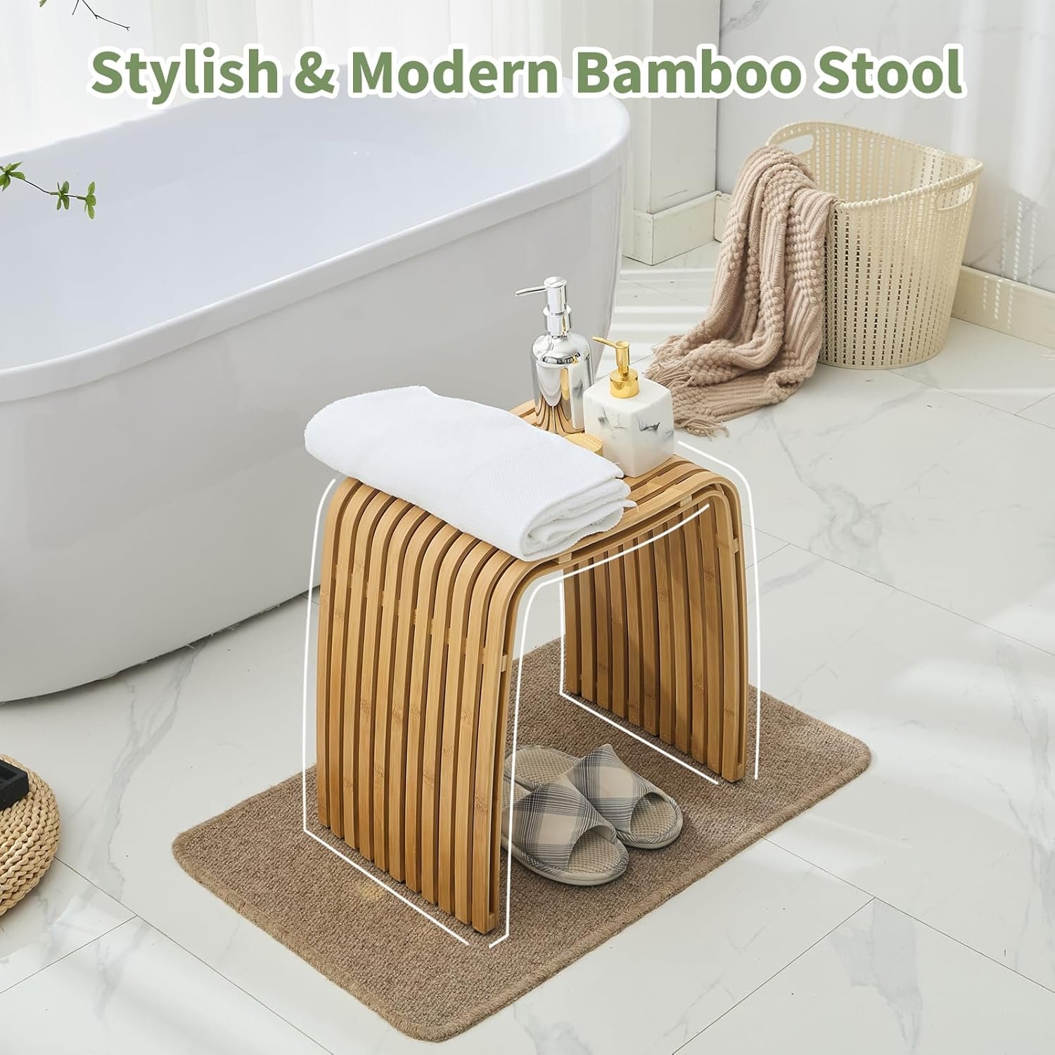 Bamboo Shower Bench, Non-Slip Shower Stool & 450 lbs, Waterproof Bathroom Stool Spa Bath Seat, Natural Bamboo Stool, Suitable for Multiple Settings: Bathroom, Bedroom, Dining Room and Living Room