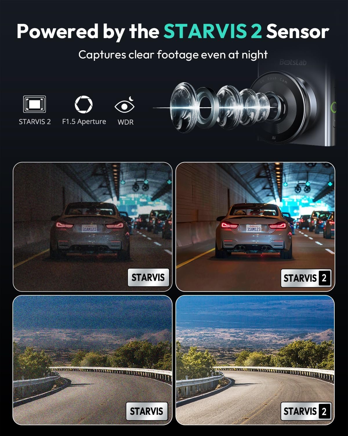 BOTSLAB G300 PLUS 4K DUAL Dash Cam Front and Rear [Updated Version], STARVIS 2 Sensor, 64GB Card Included, Voice Control, 5GHz WiFi Dashcam Front and Rear Camera, GPS,WDR Night Vision,24H Parking Mode