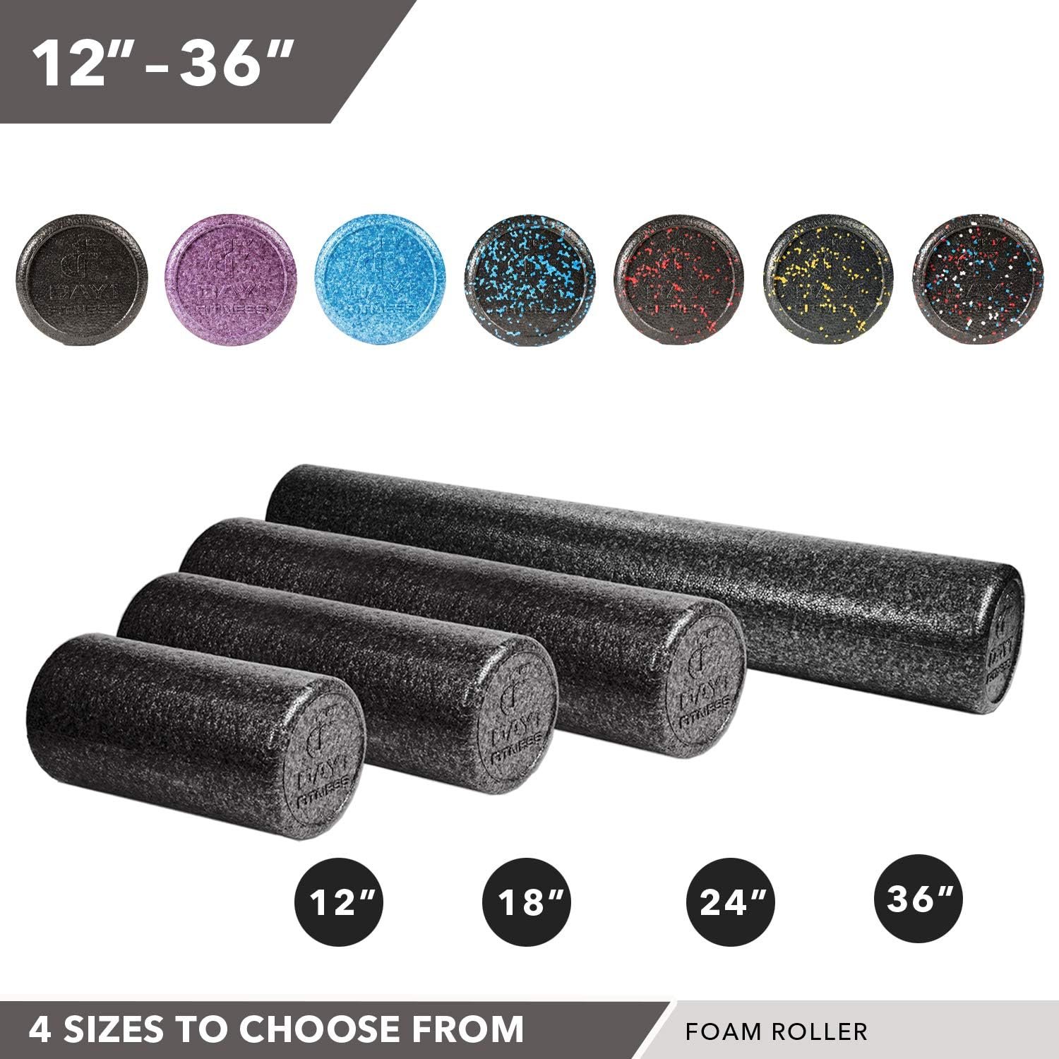 Day 1 Fitness High Density Muscle Foam Rollers - Sports Massage Rollers for Stretching, Physical Therapy, Deep Tissue, Myofascial Release - Ideal for Exercise and Pain Relief - Solid Black, 12"