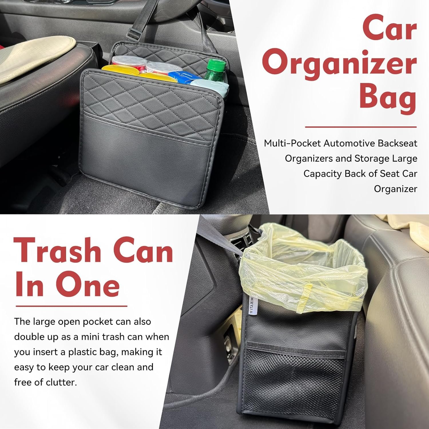Witaxima Upgrade Car Seat Organizer Backseat with Storage Pockets, Multipurpose Car Organizer Hanging, Car Trash Bag Can,Premium PU Leather Garbage Can 2.14 Gallon Large Capacity, Black.