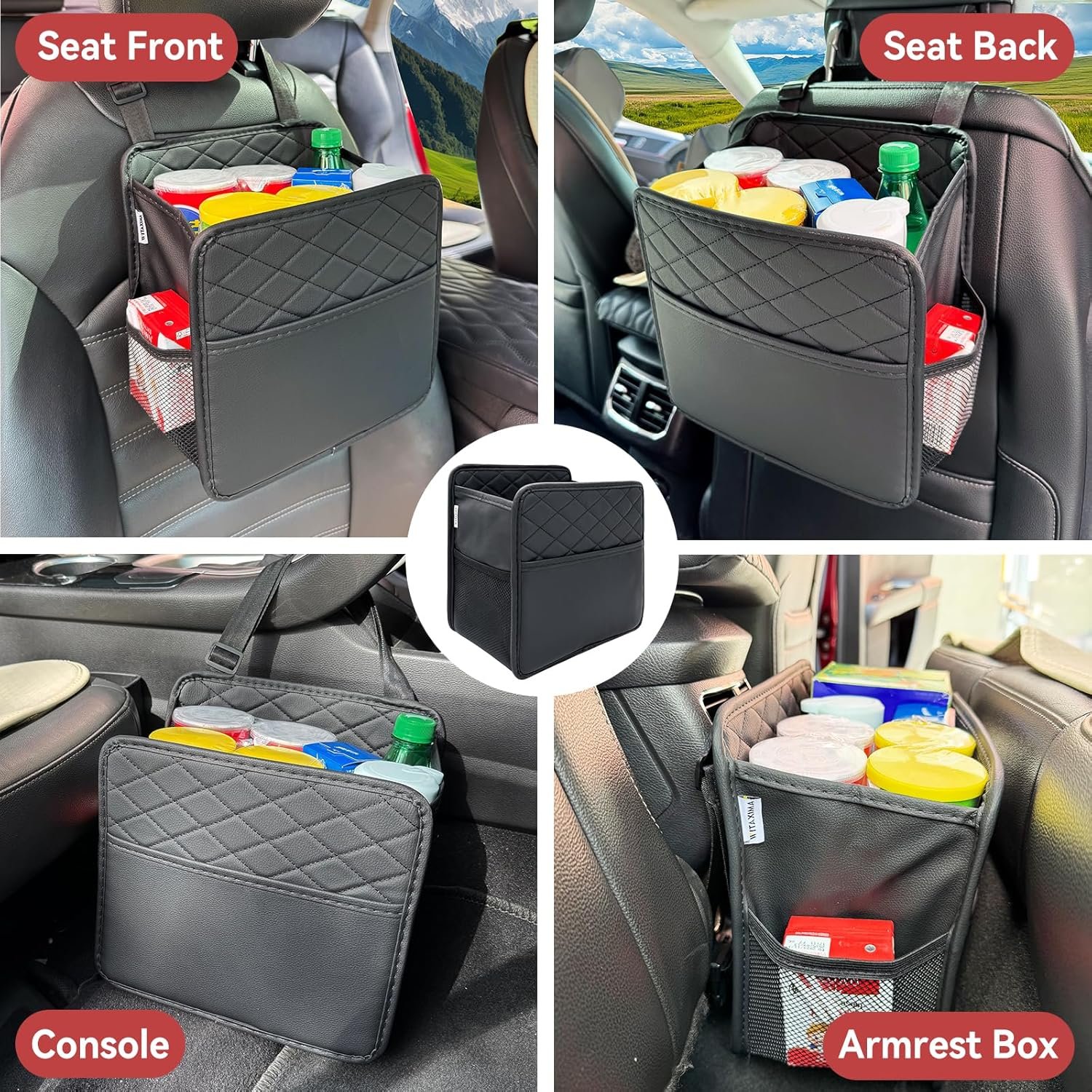 Witaxima Upgrade Car Seat Organizer Backseat with Storage Pockets, Multipurpose Car Organizer Hanging, Car Trash Bag Can,Premium PU Leather Garbage Can 2.14 Gallon Large Capacity, Black.