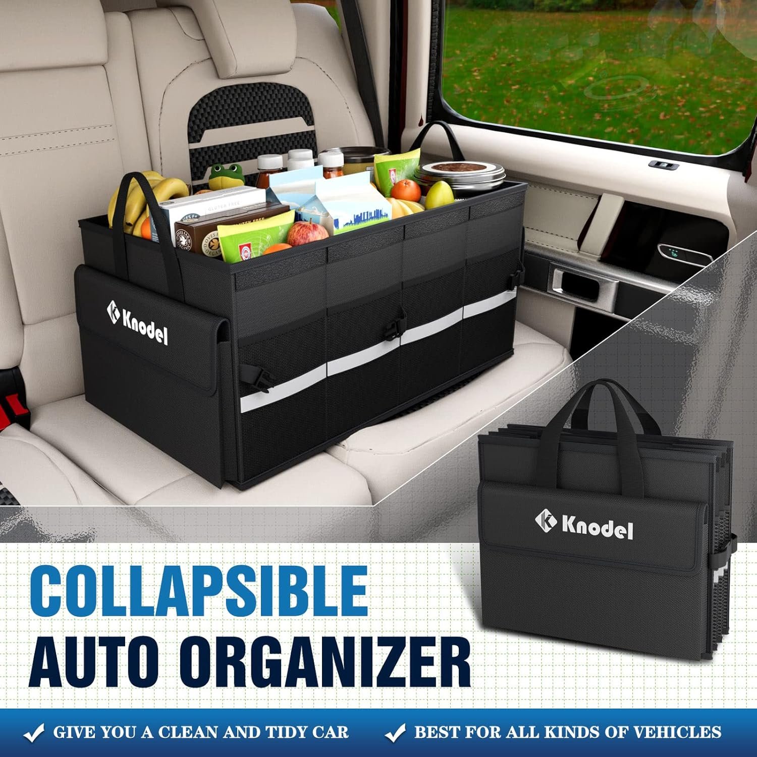 K KNODEL Car Trunk Organizer with Lid, Collapsible Car Trunk Storage Organizer, Car Organizer and Storage for SUV, Truck, Sedan (Medium, Black)