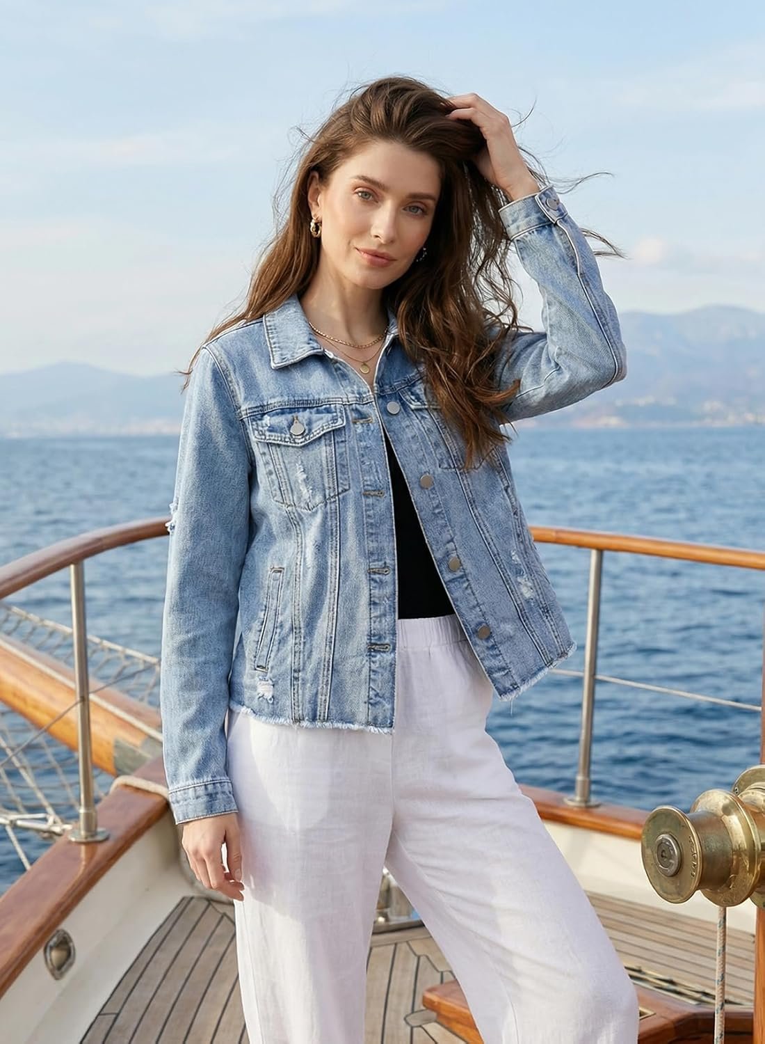 EVALESS Womens Boyfriend Washed Crop Denim Jean Jacket Coat