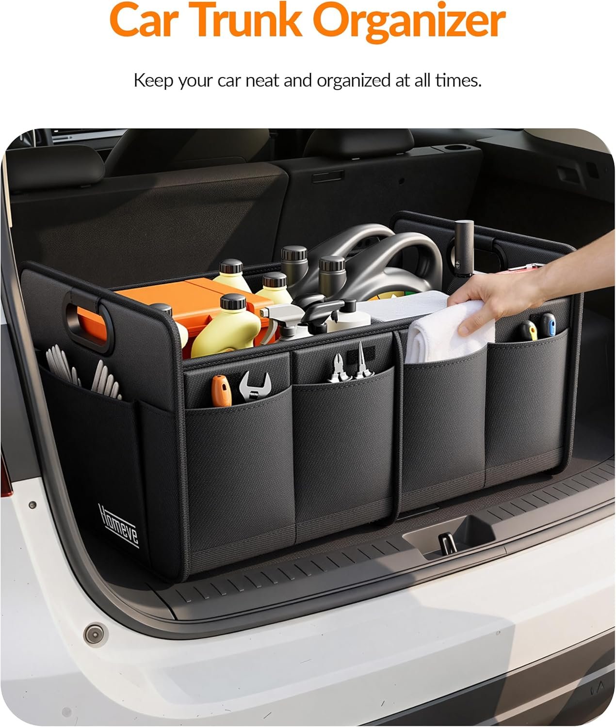 Homeve Car Trunk Organizer for SUV, 18.5Gal Large Capacity No-Sag Heavy Duty, Foldable Waterproof Anti-Slip Storage with 12 Pockets, Fit Sedan,Truck, Universal Car Accessories, Black, Large, 2 Compart