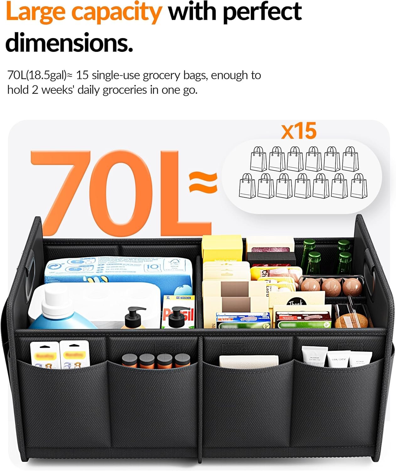 Homeve Car Trunk Organizer for SUV, 18.5Gal Large Capacity No-Sag Heavy Duty, Foldable Waterproof Anti-Slip Storage with 12 Pockets, Fit Sedan,Truck, Universal Car Accessories, Black, Large, 2 Compart