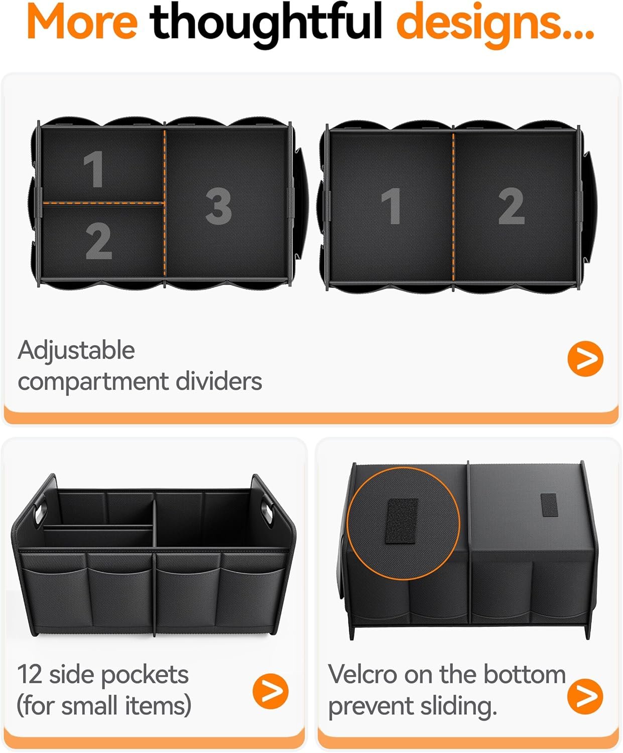 Homeve Car Trunk Organizer for SUV, 18.5Gal Large Capacity No-Sag Heavy Duty, Foldable Waterproof Anti-Slip Storage with 12 Pockets, Fit Sedan,Truck, Universal Car Accessories, Black, Large, 2 Compart