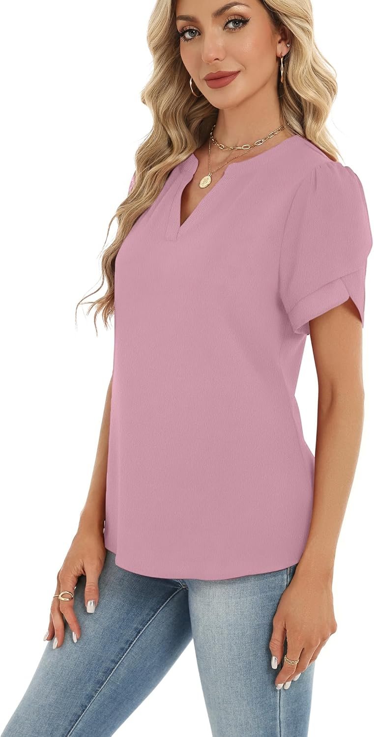 Zeagoo Womens Dressy Casual Shirts Short Sleeve V Neck Work Blouse Business Casual Summer Chiffon Tops