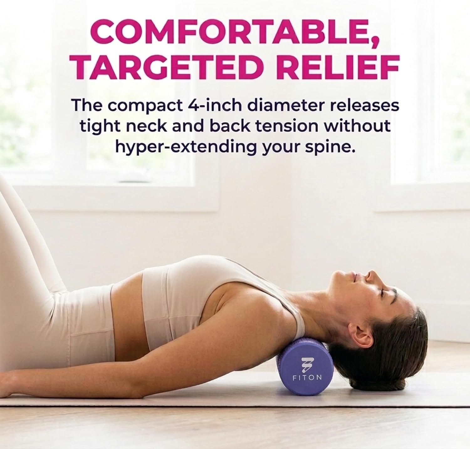 FitOn Foam Roller for Muscle Recovery - Compact and Portable, High-Density Foam Roller for Back Massage & Deep Tissue Relief and Home Exercise, Ideal for Use on Neck & Leg Soreness, 12"x4", Purple