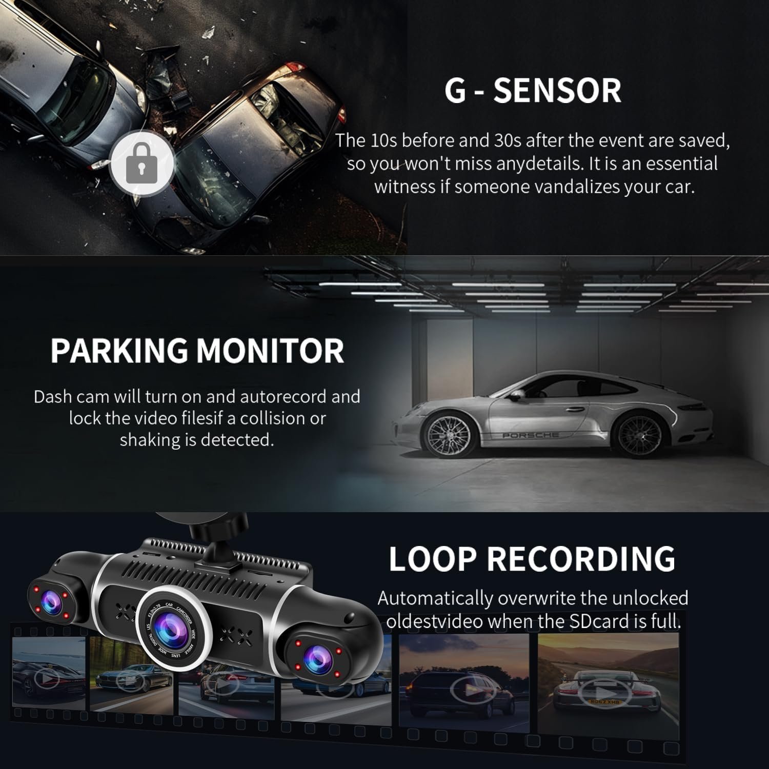 360° Dash Cam Front and Rear View 4 Channel Dash Camera FHD 2K+1080Px3 for Car, Inside/Back 170°+2x150°+170° Wide Angle, 8 IR Lamps Night Vision,WiFi,GPS, APP,G-Sensor with 64GB Card,24/7 Parking Mode
