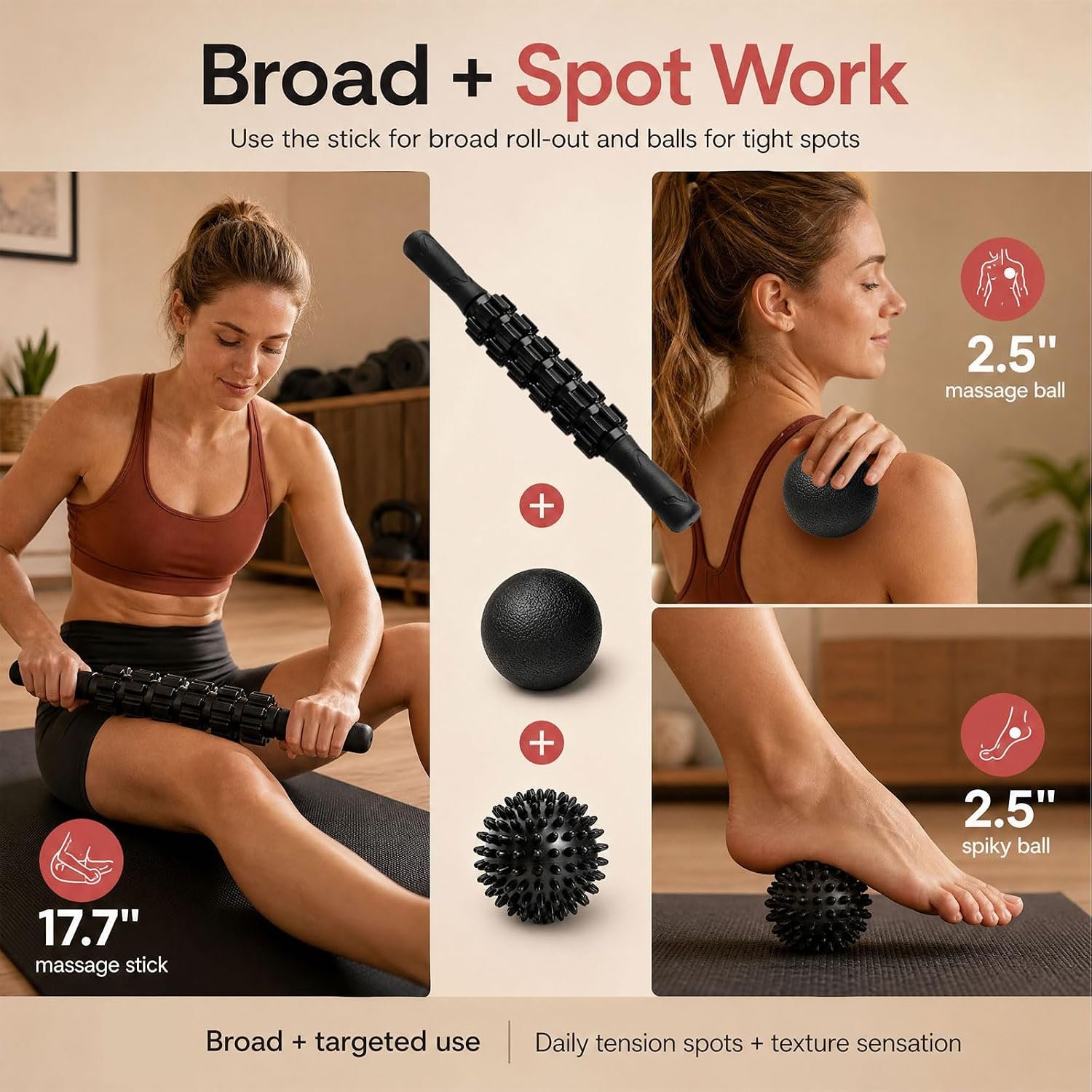 GymCope 5-in-1 Foam Roller Set with Back Roller, Massage Roller Stick, Spiky Ball, Fascia Ball and Stretch Band, 6 Inch Yoga Back Stretcher for Deep Stretch, Posture Support and Home Workout Recovery
