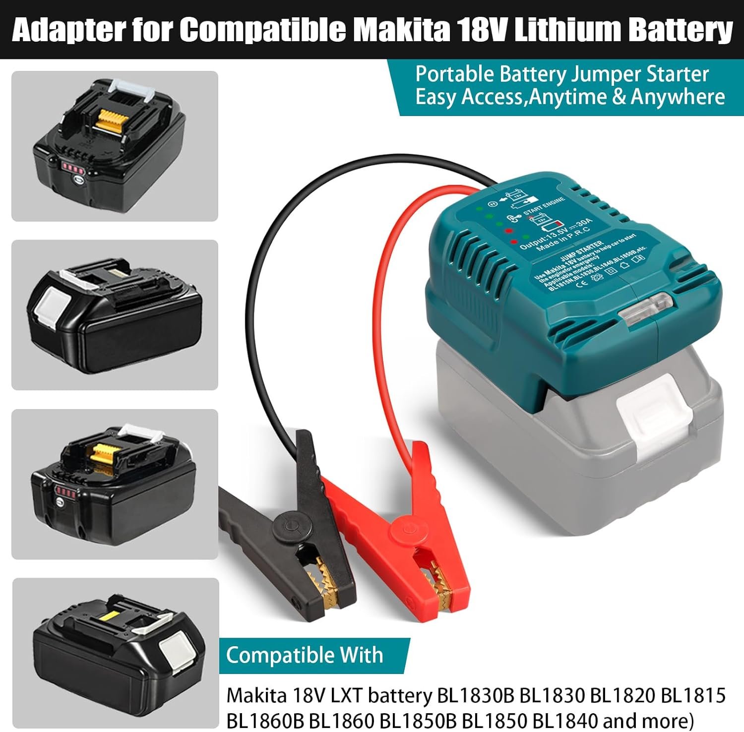 Jump Starter Adapter for Makita 18V Li-ion Battery Powered with Jumper Cable Clamps Portable Car Charger Jump Starter(Battery Not Included)