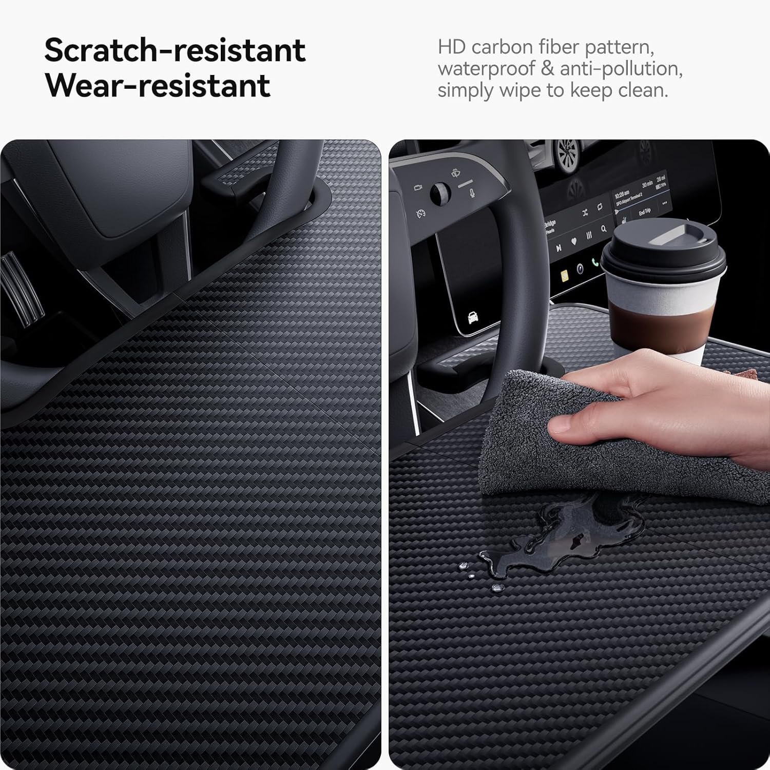 YONZEE 2-in-1 Car Steering Wheel Desk Tray & Car Seat Gap Filler Organizer – Foldable Carbon Fiber Look Table for Laptop, Eating Food, Writing – for Standard Round Steering Wheels