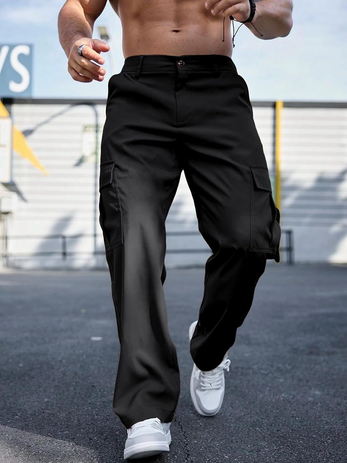Comdecevis Mens Casual Cargo Pants Baggy Straight Leg Sweatpants with Large Flap Pockets Hiking Sports Trousers