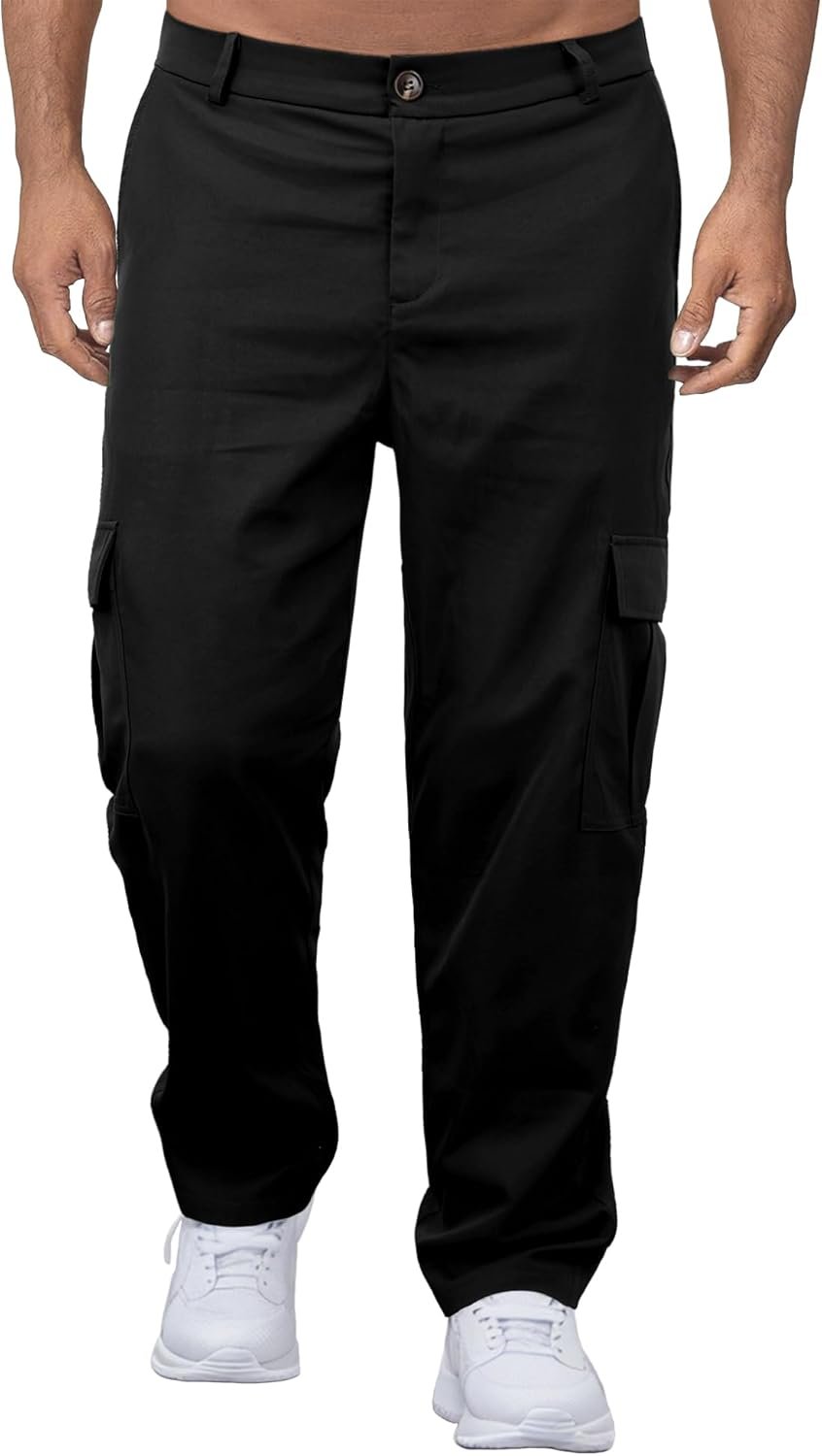 Comdecevis Mens Casual Cargo Pants Baggy Straight Leg Sweatpants with Large Flap Pockets Hiking Sports Trousers