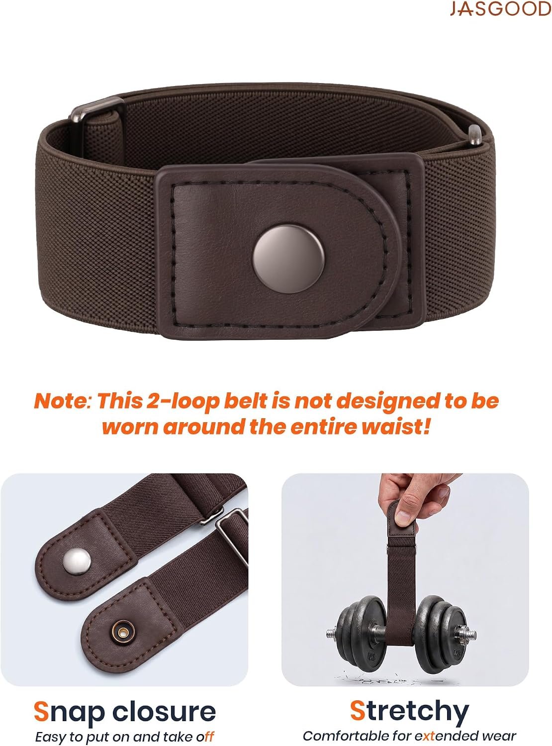 JASGOOD 4 Pack No Buckle Elastic Belt for Men, 2 Loop Invisible Side Belt Adjustable Belt without Buckle for Jeans Pants
