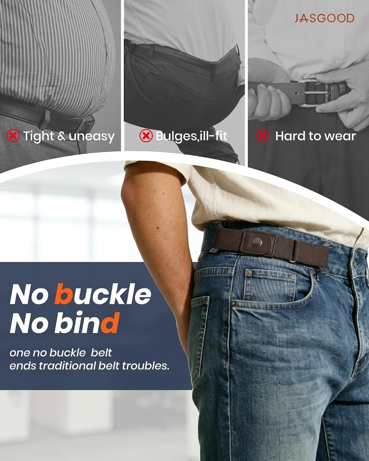 JASGOOD 4 Pack No Buckle Elastic Belt for Men, 2 Loop Invisible Side Belt Adjustable Belt without Buckle for Jeans Pants