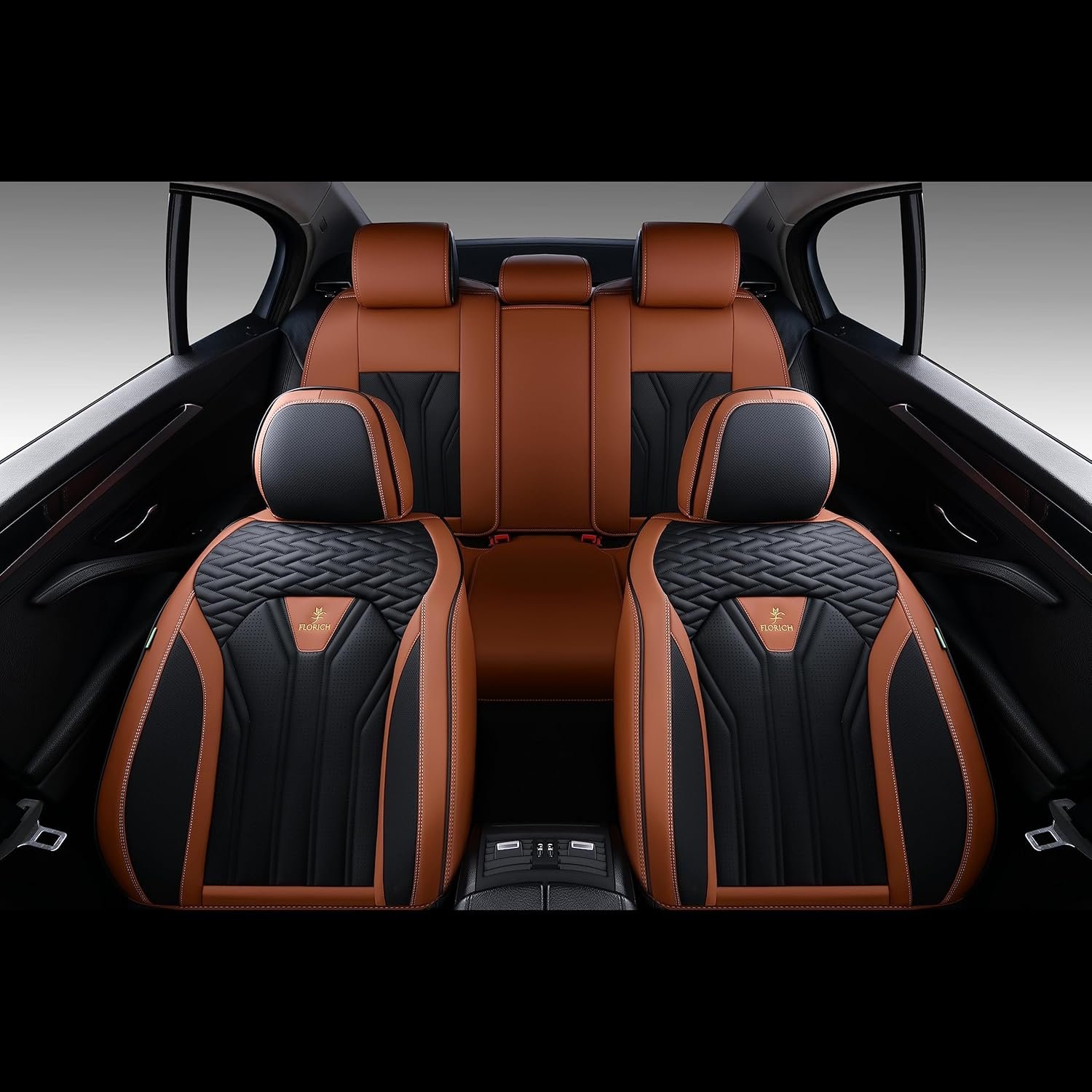 FLORICH Leather Seat Covers, Seat Covers Full Set, Car Seat Protectors 5 Seats,Automotive Seat Covers Fit for Most Cars Trucks-Brown&Black