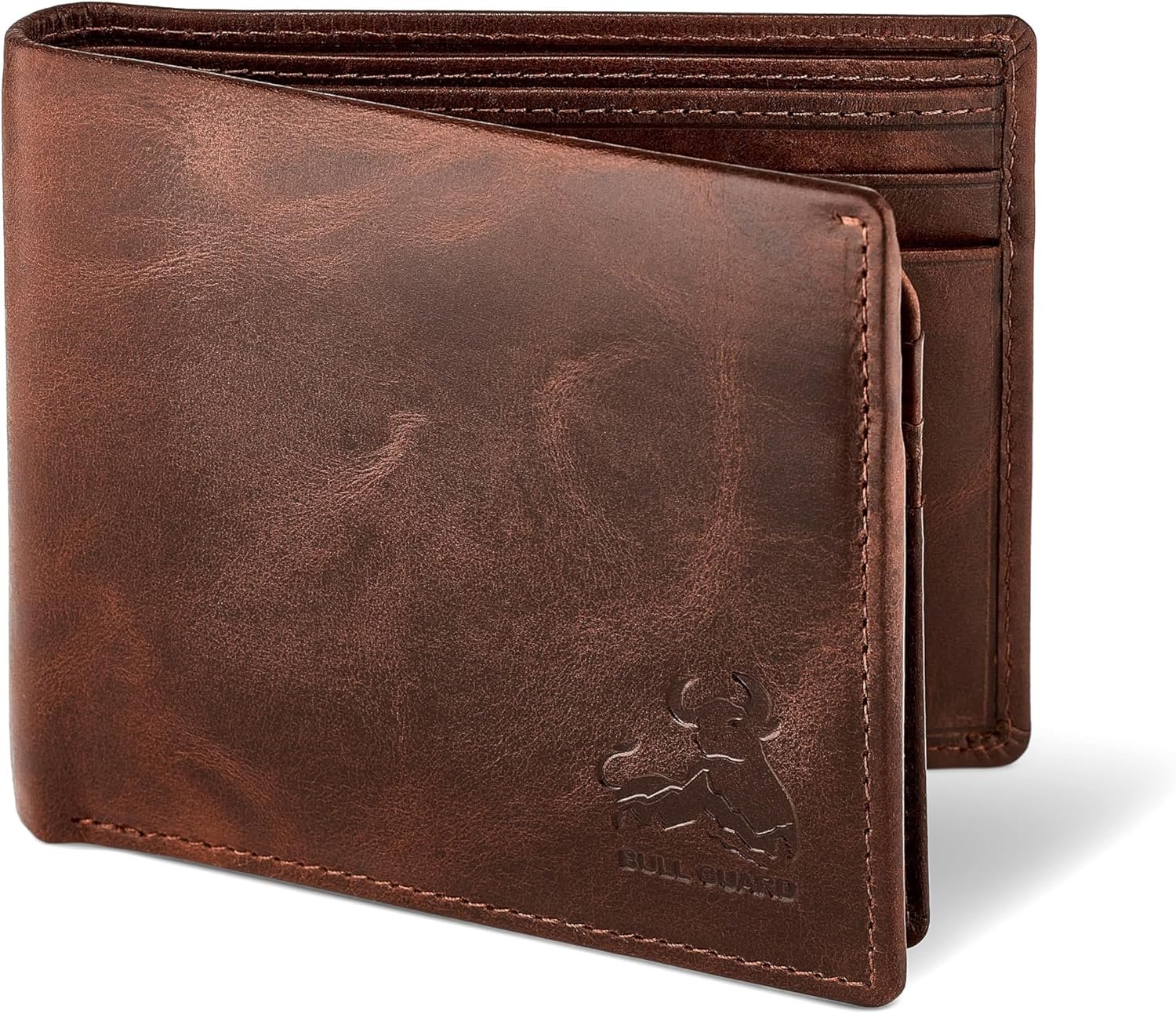 BULL GUARD Mens RFID Blocking Bifold Wallet Soft Genuine Leather Brown Western | Secure and Durable Extra Capacity Billfold with 11 Credit Cards, Flip Up ID
