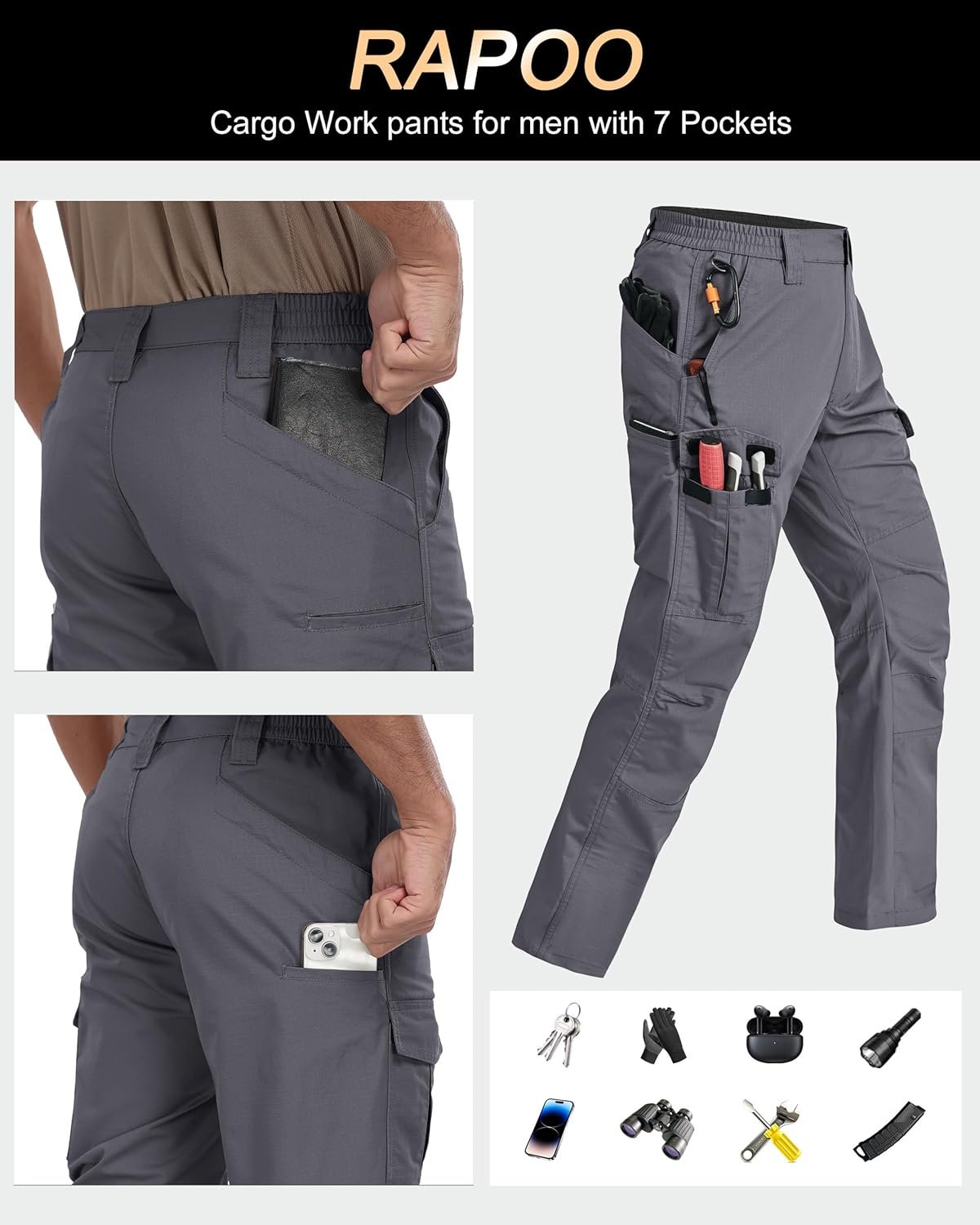 Rapoo Mens Cargo Pants Ripstop Water Resistant Breathable Tactical Hiking Pants with 7 Pockets