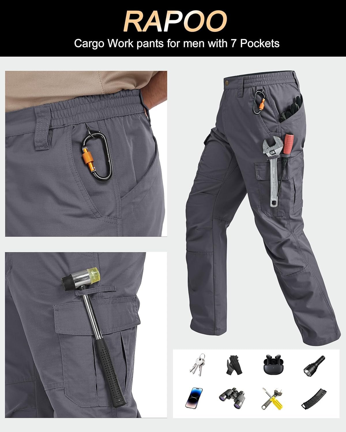 Rapoo Mens Cargo Pants Ripstop Water Resistant Breathable Tactical Hiking Pants with 7 Pockets