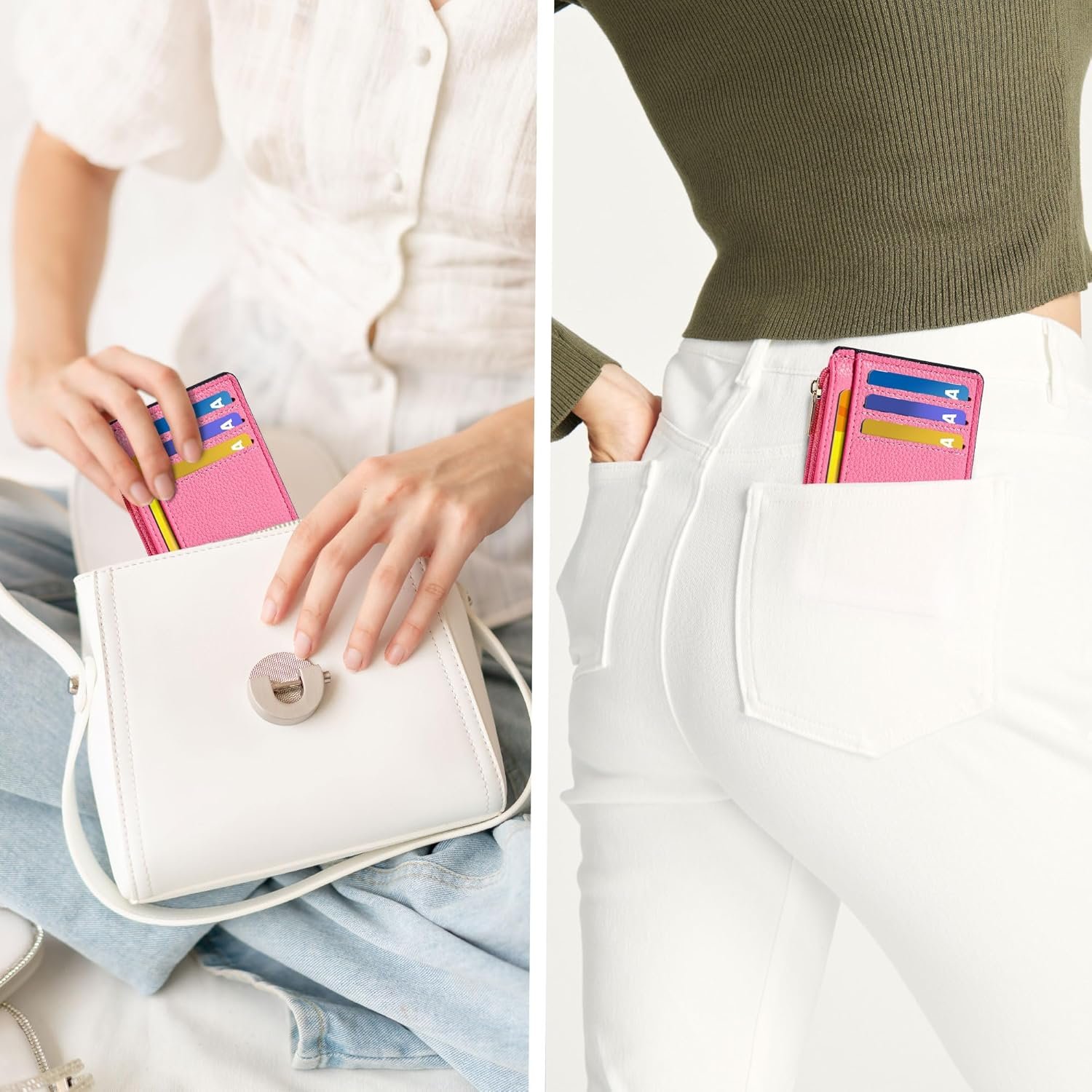 Tipmile Credit Card Holder for Women Slim Minimalist Front Pocket RFID Blocking Wallet Small Compact Card Case with ID Window, Vibrant Pink