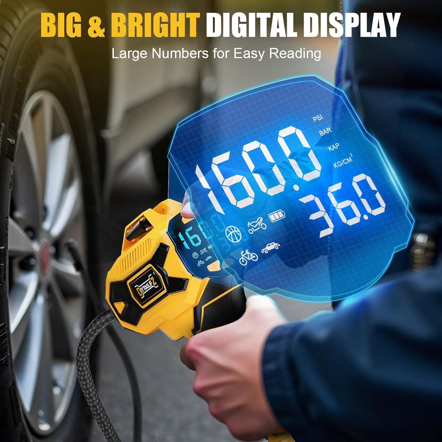 DIYtoolifz Cordless Tire Inflator Air Compressor Compatible with Dewalt 20V Battery, 160PSI Portable Air Pump with Digital Pressure Gauge, Fast Inflation for Cars, Motorcycles, Bikes (Tool Onlyl)