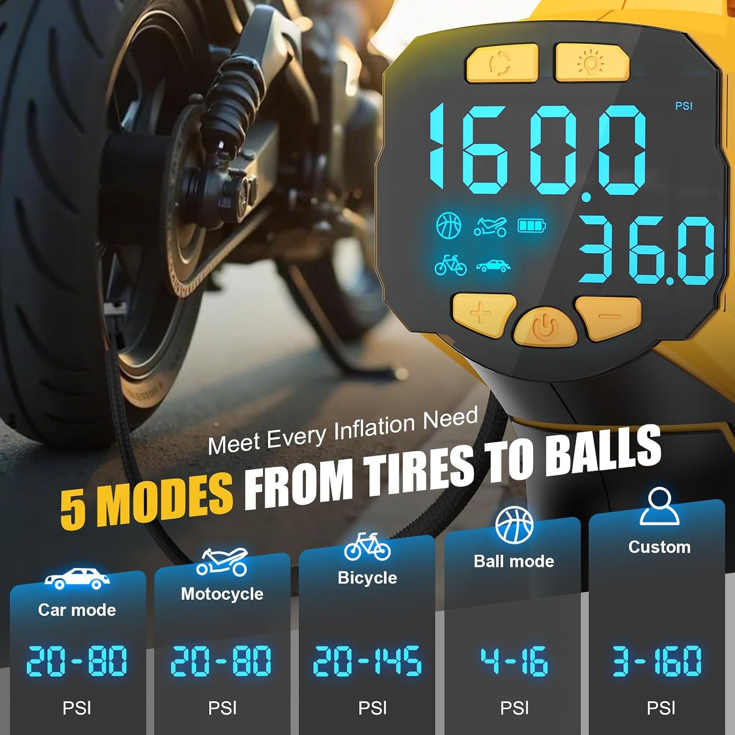 DIYtoolifz Cordless Tire Inflator Air Compressor Compatible with Dewalt 20V Battery, 160PSI Portable Air Pump with Digital Pressure Gauge, Fast Inflation for Cars, Motorcycles, Bikes (Tool Onlyl)