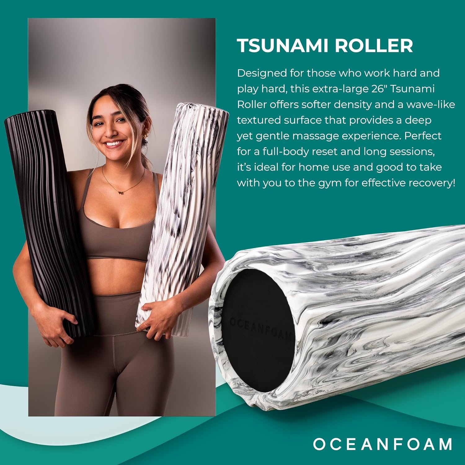 Oceanfoam Tsunami Roller (Black Marbled) - Extra-Large, 26" x 5.9" - Soft, Textured Foam Roller for Physical Therapy, Back Pain, Exercise & Stretching - Wave Textured - Yoga, Athletics, & Wellness