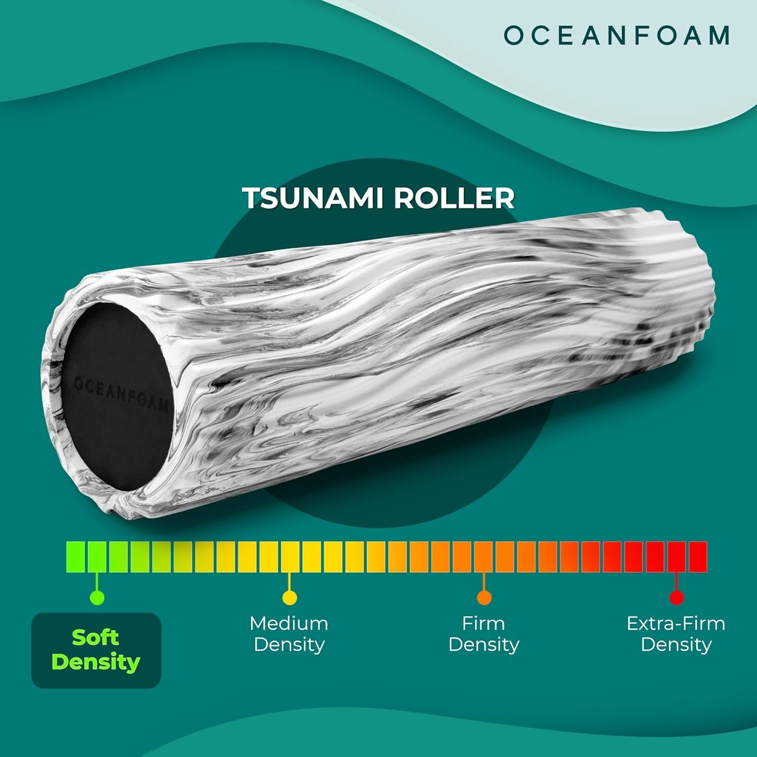Oceanfoam Tsunami Roller (Black Marbled) - Extra-Large, 26" x 5.9" - Soft, Textured Foam Roller for Physical Therapy, Back Pain, Exercise & Stretching - Wave Textured - Yoga, Athletics, & Wellness