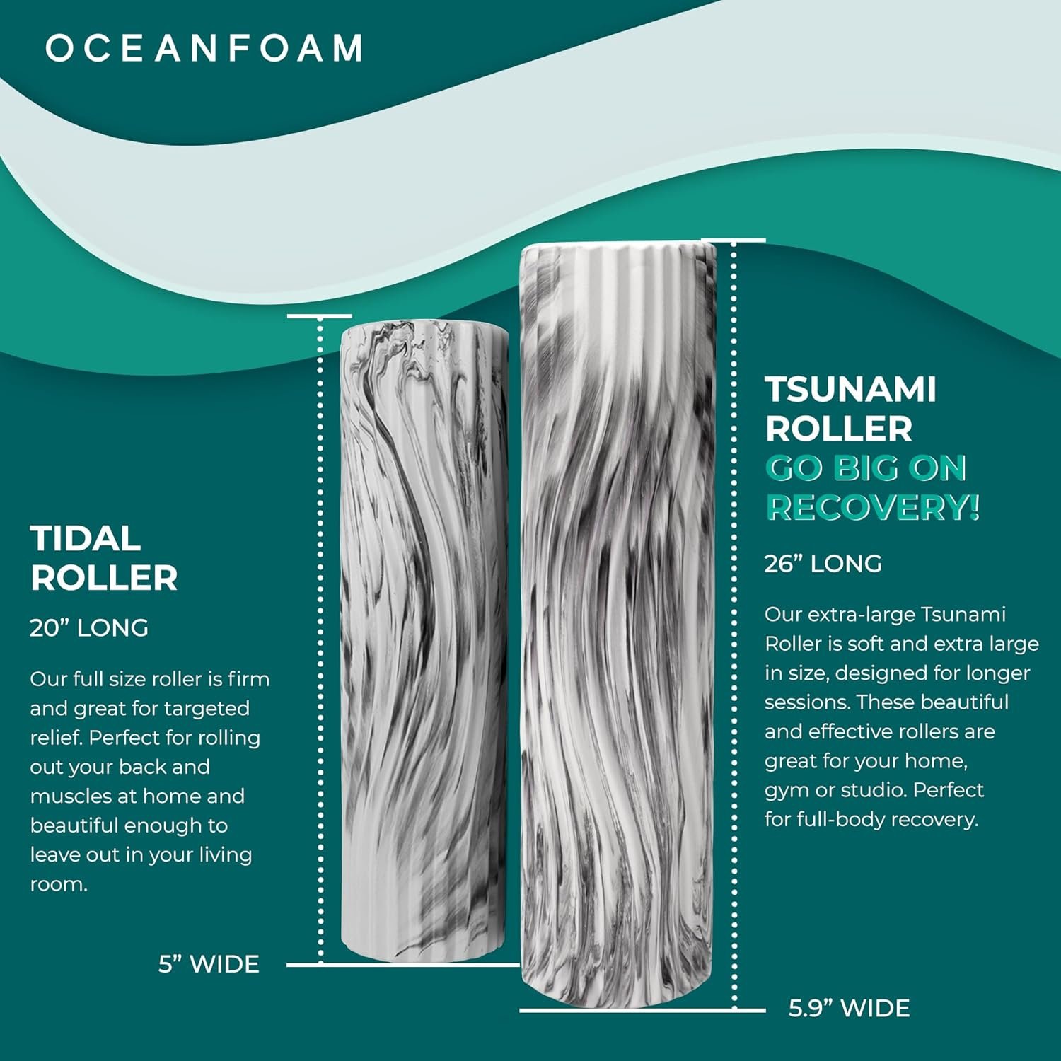 Oceanfoam Tsunami Roller (Black Marbled) - Extra-Large, 26" x 5.9" - Soft, Textured Foam Roller for Physical Therapy, Back Pain, Exercise & Stretching - Wave Textured - Yoga, Athletics, & Wellness