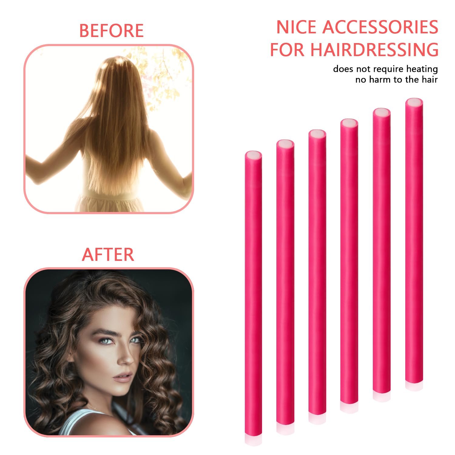 60 Pieces Flexible Curling Rods, 9.45 x 0.31 inches Foam Hair Rollers for Long Hair Short Hair Women Girls, No Heat Hair Curlers with Steel Pintail Rat Tail Comb, Pink