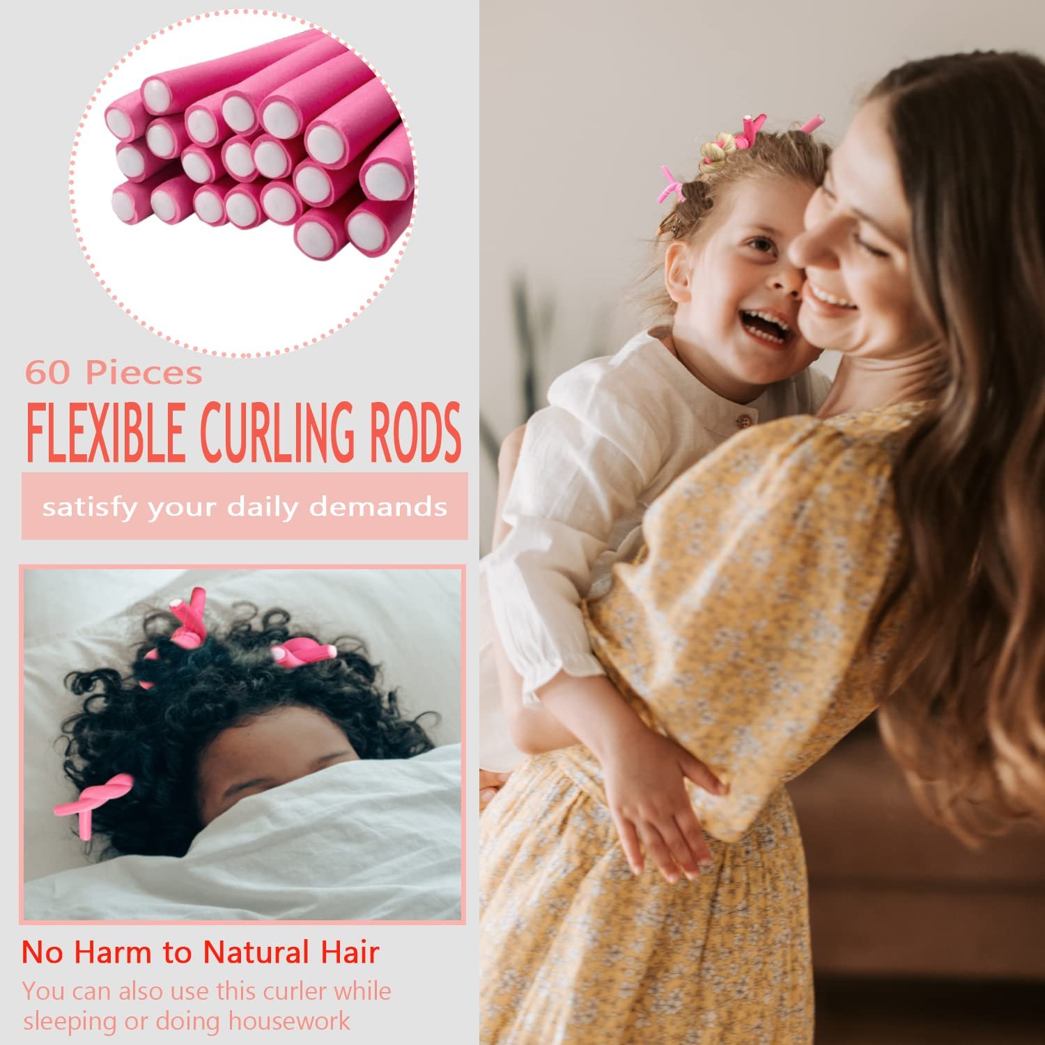 60 Pieces Flexible Curling Rods, 9.45 x 0.31 inches Foam Hair Rollers for Long Hair Short Hair Women Girls, No Heat Hair Curlers with Steel Pintail Rat Tail Comb, Pink