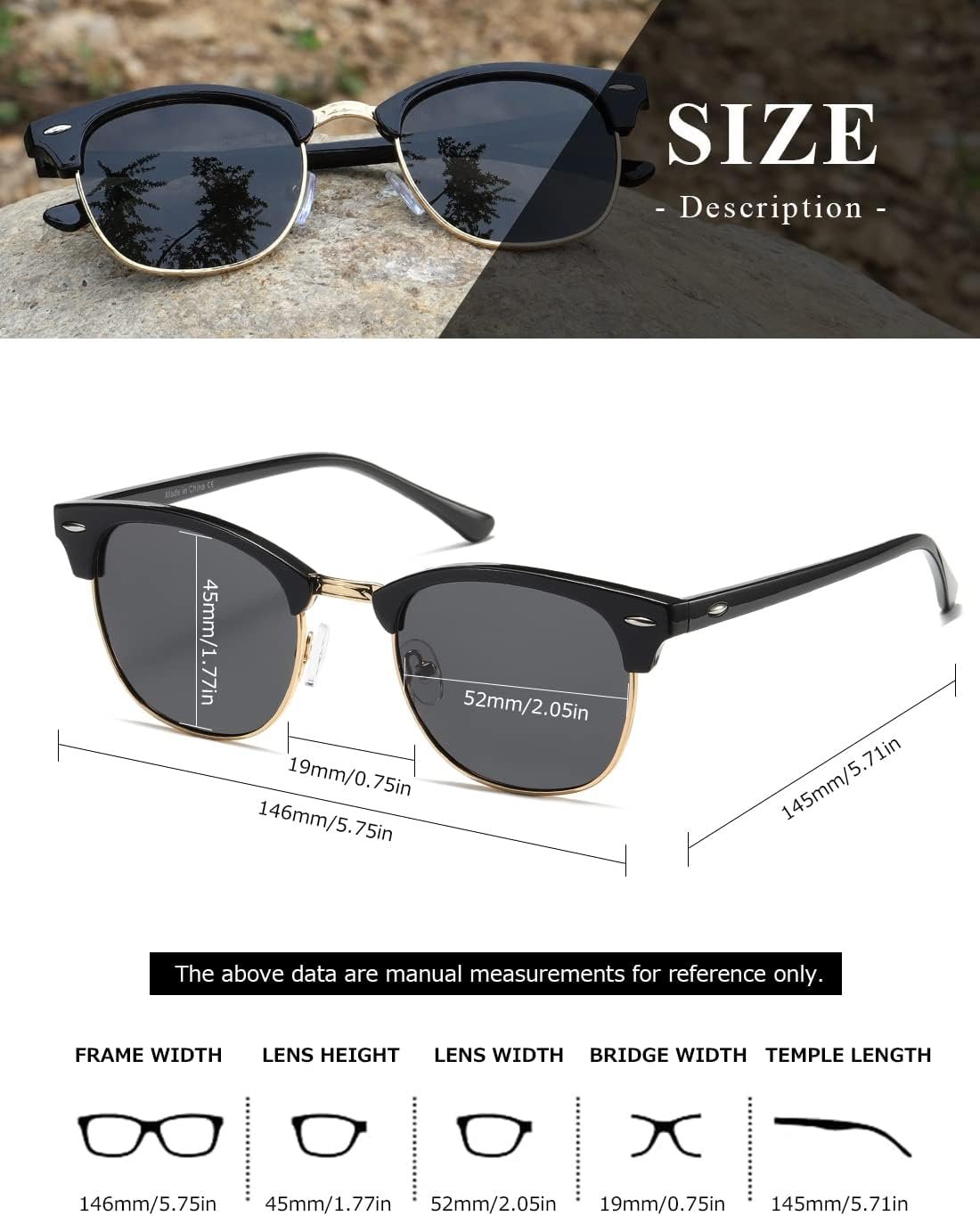 AEVOGUE Polarized Semi Rimless Sunglasses for Men Women, Retro UV400 Sun Glasses for Driving Outdoor