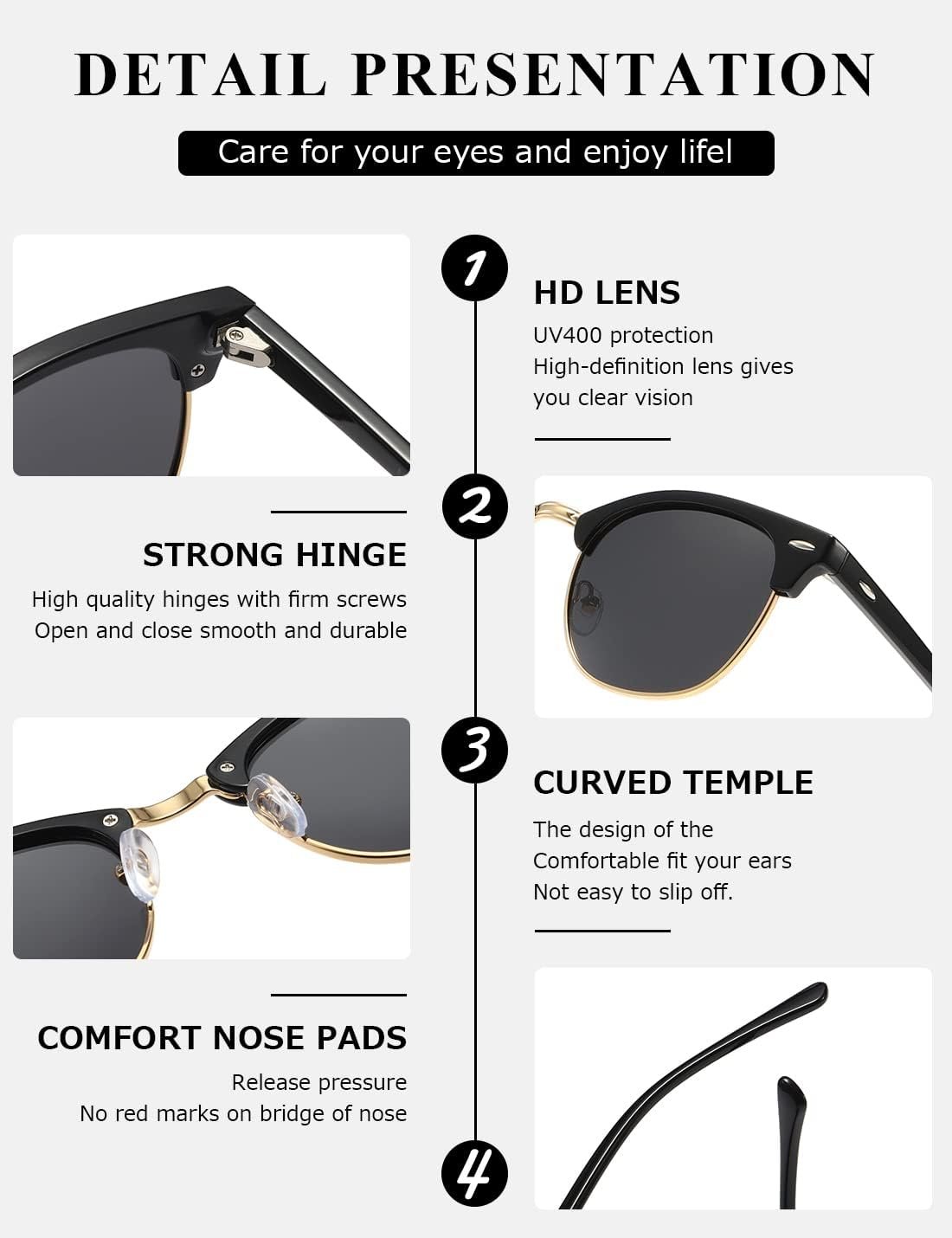 AEVOGUE Polarized Semi Rimless Sunglasses for Men Women, Retro UV400 Sun Glasses for Driving Outdoor