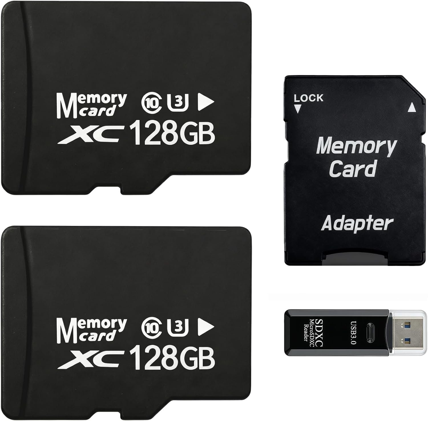 2-Pack 128GB Micro SD Card for Dash Cam, Security Camera, Retro Gaming, with USB-A 3.0 Reader & SD Adapter, U3 V30 A1 Class 10
