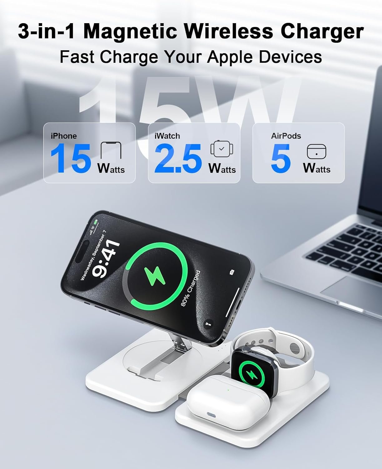 3 in 1 Magnetic Wireless Charger for Apple Multiple Devices, Foldable Fast Charging Station - Magsafe Charger Stand, Travel Charger Pad for iPhone 17 16 15 14 13 12 Series/Apple Watch/AirPods Pro
