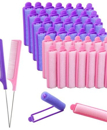 44 Pcs Foam Sponge Hair Rollers Set 0.59 Inch Flexible Hair Styling Sponge Curler Soft Sleeping Hair Curlers and Stainless Steel Rat Tail Comb Pintail for Hairdressing Styling(Purple, Pink)