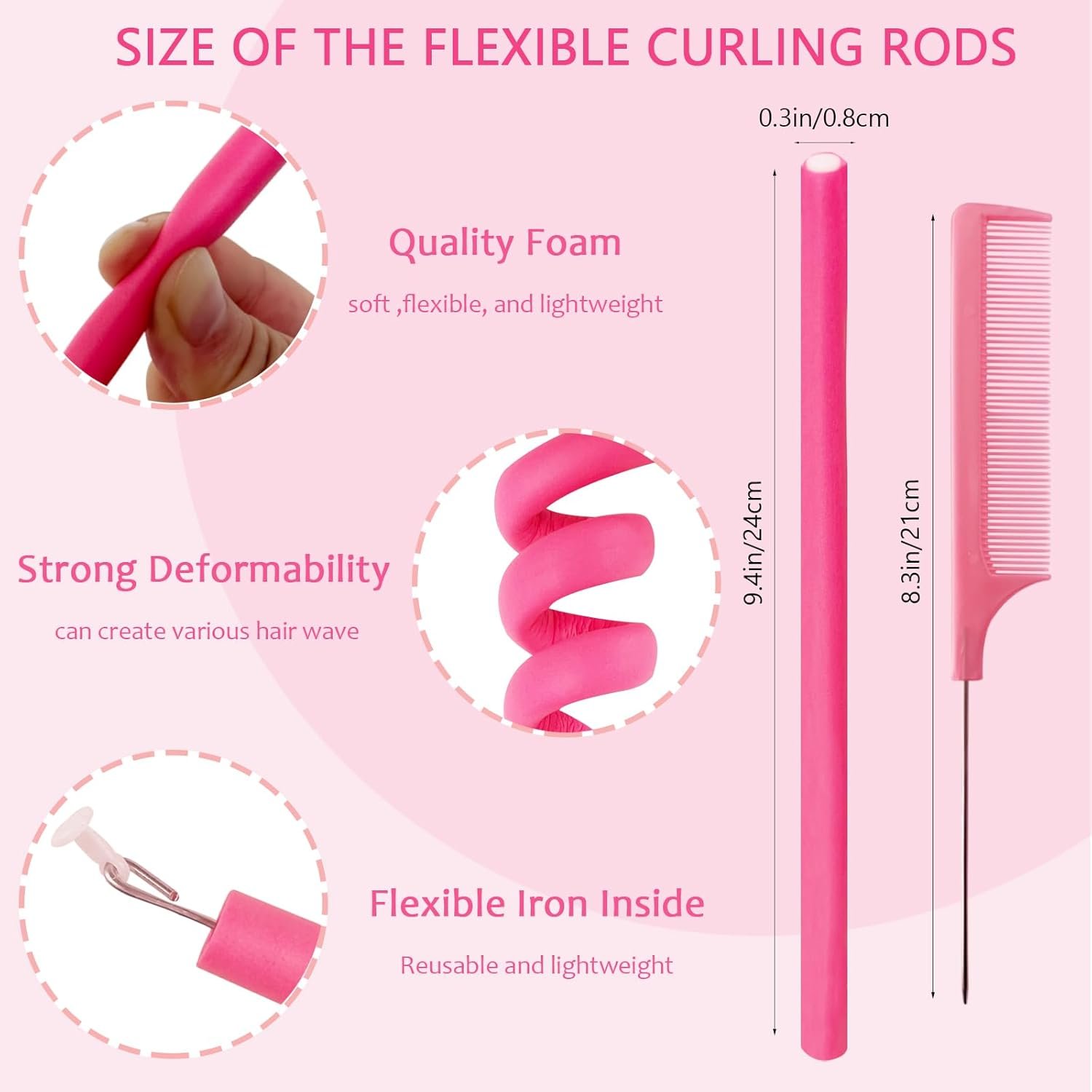 60 Pieces Flexible Curling Rods, 9.45 x 0.31 inches Foam Hair Rollers for Long Hair Short Hair Women Girls, No Heat Hair Curlers with Steel Pintail Rat Tail Comb, Pink