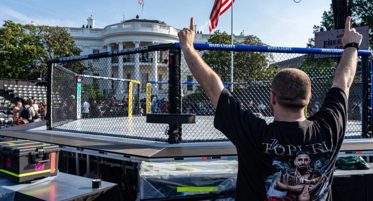 A UFC cage has landed on the White House South Lawn