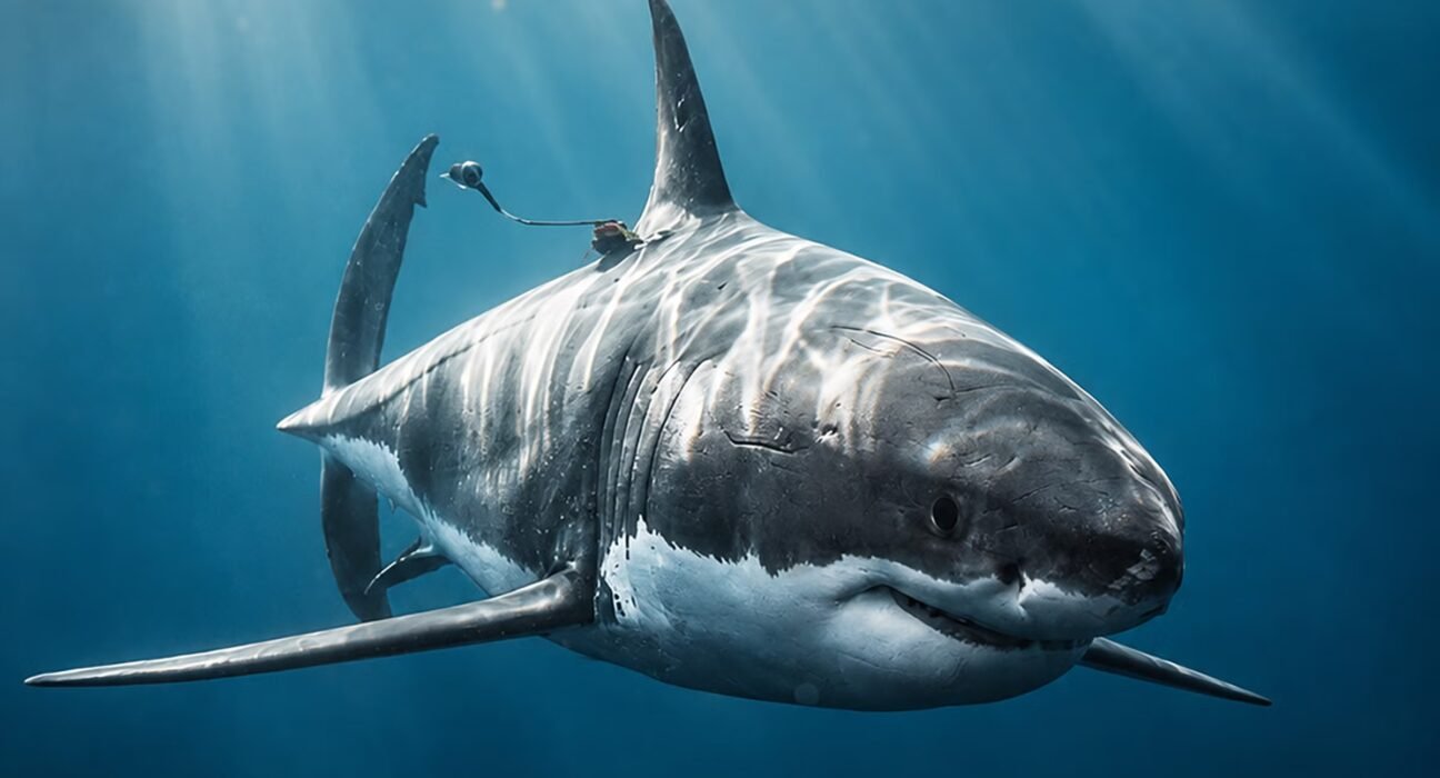 A fisherman catches a great white shark on Nantucket