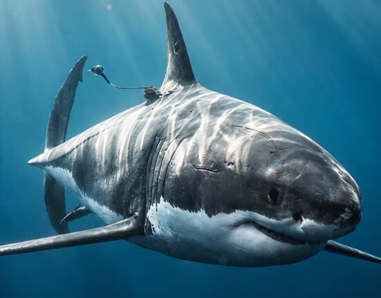 A fisherman catches a great white shark on Nantucket