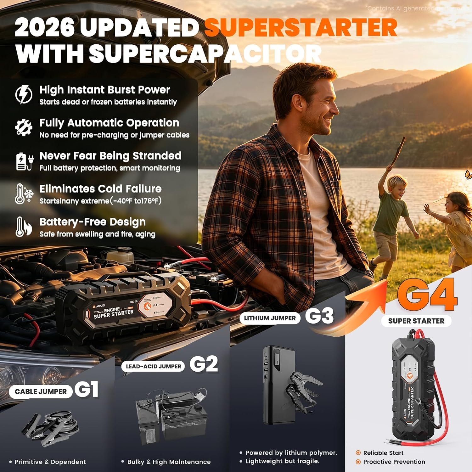 ANCEL BS300 Super Starter, Permanently Connected Jump Starter with Super Capacitor & Battery Protection System, Health Monitoring, 1000A Start Assist for Most 12V Vehicles, -40°F~176°F