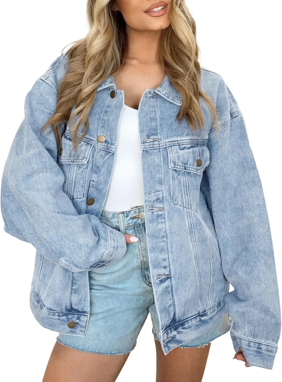 AUTOMET Women's Oversized Jeans Jacket, Classic Button Down Denim Jacket with Chest Pockets, Loose Fit Boyfriend Style Coat