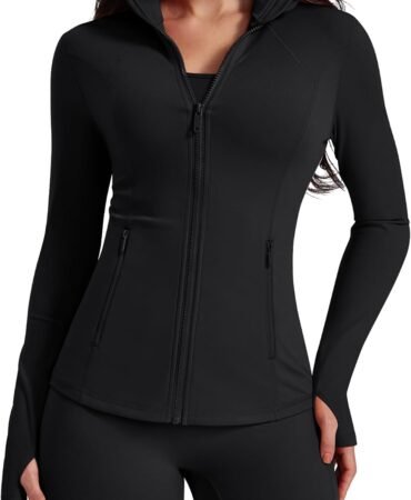 AVGO Womens Workout Jackets Lightweight Athletic Zip Up Jacket Slim Fit Running Gym Top with Pockets & Thumb Holes