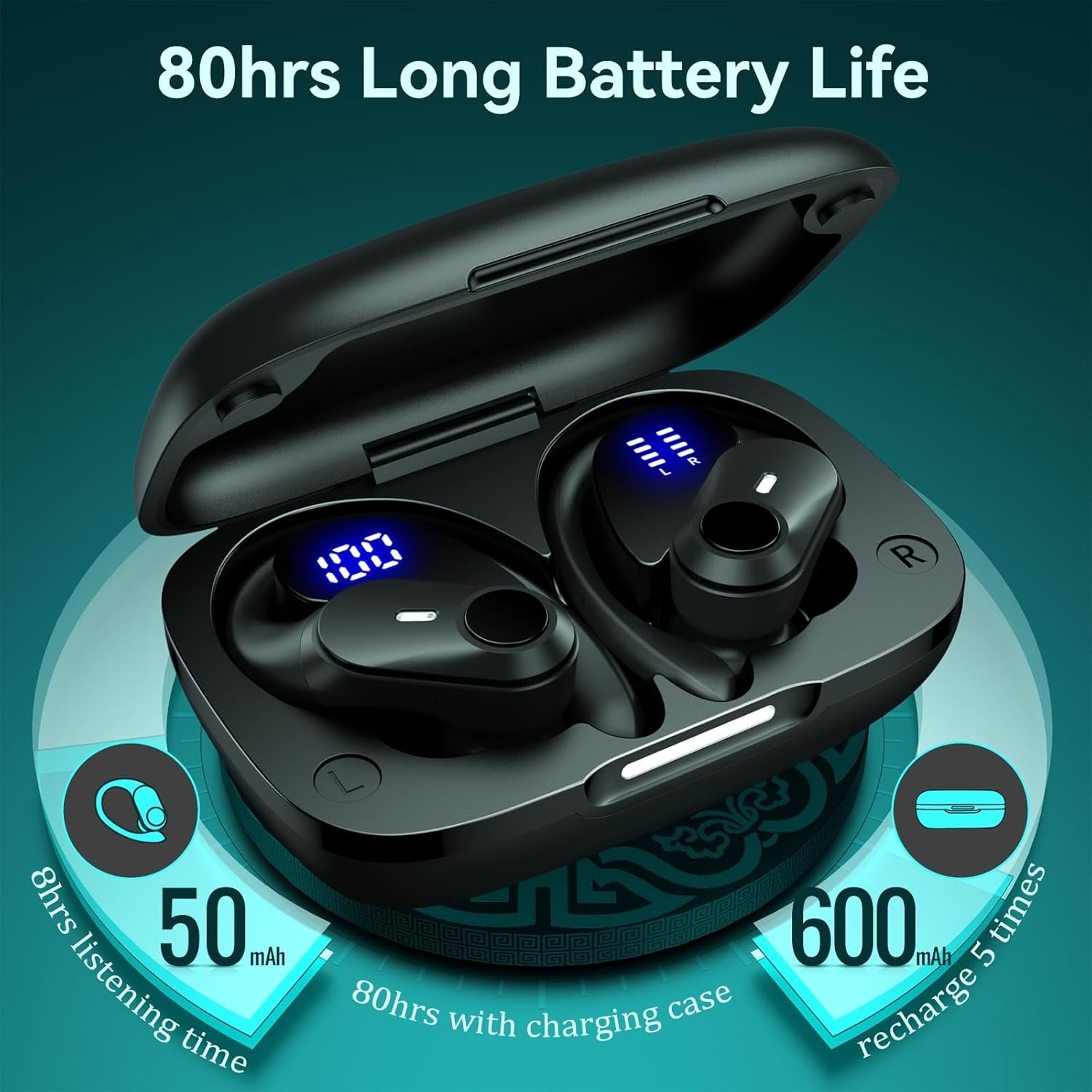 Active Noise Cancelling Ear Buds Wireless Earbuds 80H Playtime Bluetooth Headphones Over Ear Hooks Earphones with Power Display Case Hi-Res Stereo & Clear Calls for Sports Running Gym Workout Black