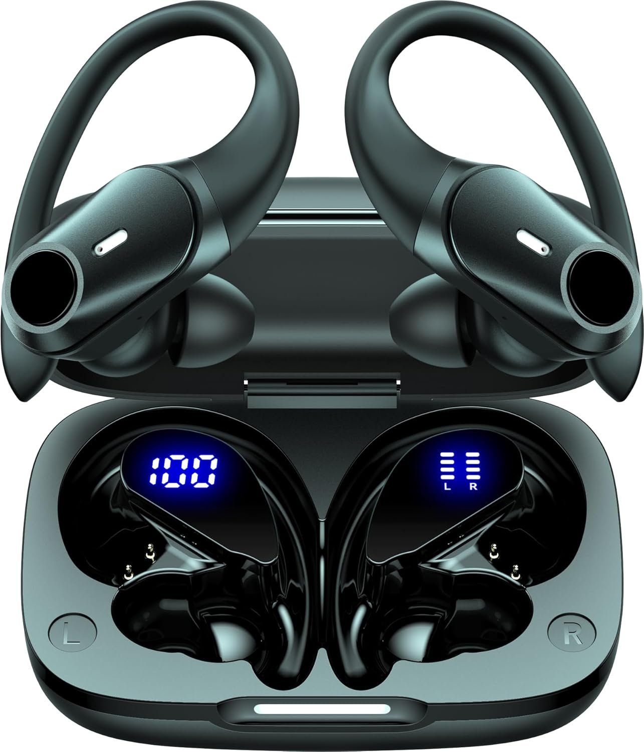 Active Noise Cancelling Ear Buds Wireless Earbuds 80H Playtime Bluetooth Headphones Over Ear Hooks Earphones with Power Display Case Hi-Res Stereo & Clear Calls for Sports Running Gym Workout Black