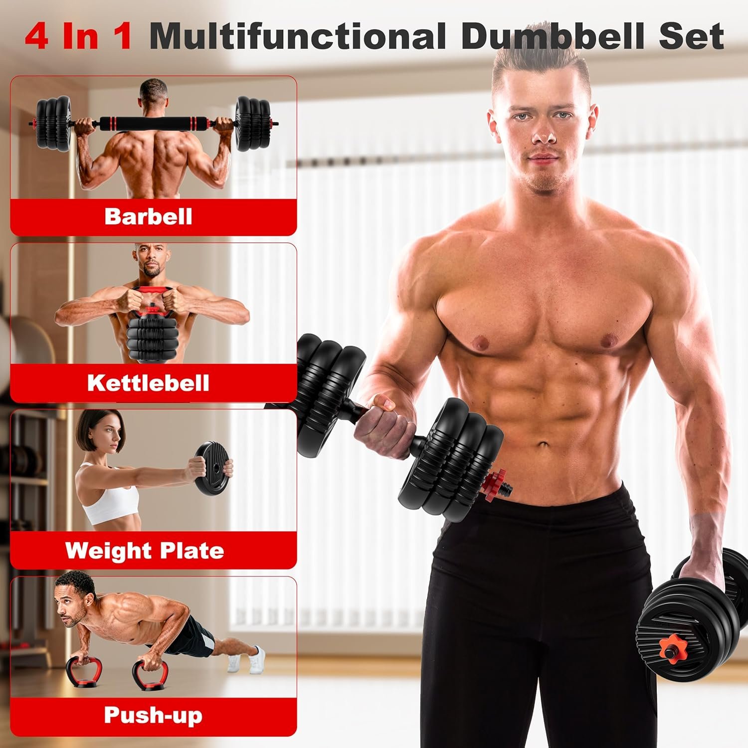 Adjustable Dumbbell Set, 10/20/30/45/70/90lbs Free Weight Set with Connector, 5 in1 Dumbbells Set Used as Barbell, Kettlebells, Push up Stand,Weight Plate, Fitness Exercises for Home Gym Suitable Men/Women