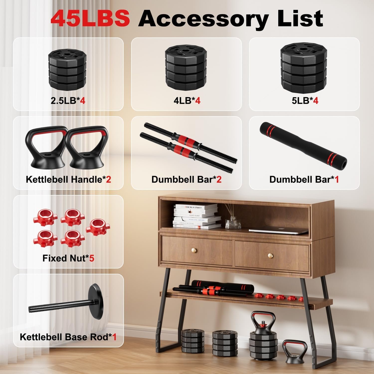 Adjustable dumbbell set, 20/30/45/70/90lbs Free Weight Set with Connector, 5 in1 Multi-Function Dumbbells Set Used as Barbell & Kettlebell, Push up Stand, Fitness for Home Gym Suitable Men/Women