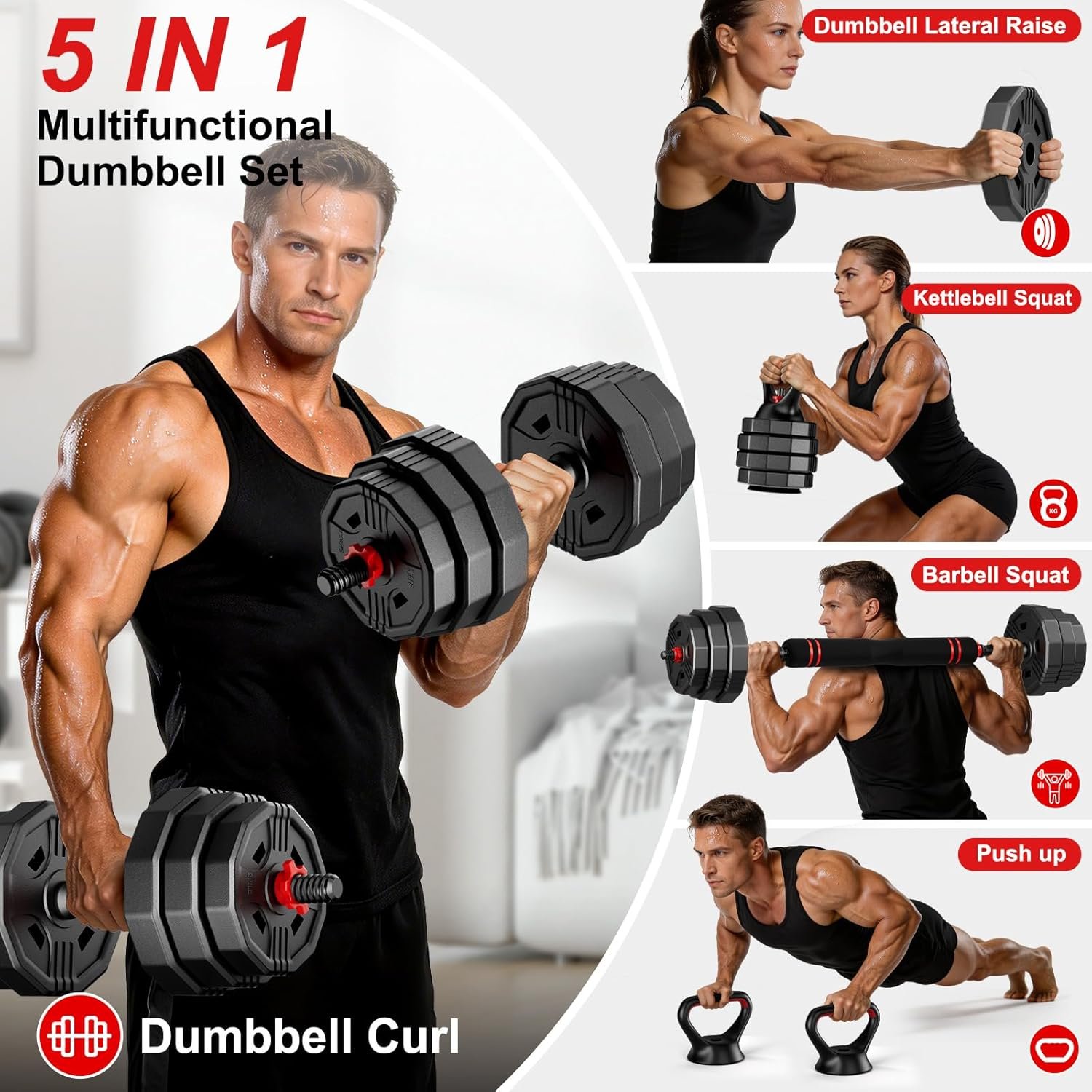 Adjustable dumbbell set, 20/30/45/70/90lbs Free Weight Set with Connector, 5 in1 Multi-Function Dumbbells Set Used as Barbell & Kettlebell, Push up Stand, Fitness for Home Gym Suitable Men/Women
