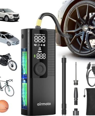 Airmoto Tire Inflator Portable Air Compressor - Air Pump For Car Tires with Digital Pressure Gauge, LED Light and Auto Shut-Off Function - Cordless Pump for Car, Motorcycle, Bicycle, Ball